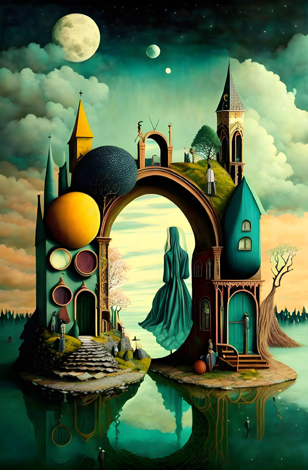 Whimsical surreal artwork: architecture, nature, ghostly figure, starry sky, large moon