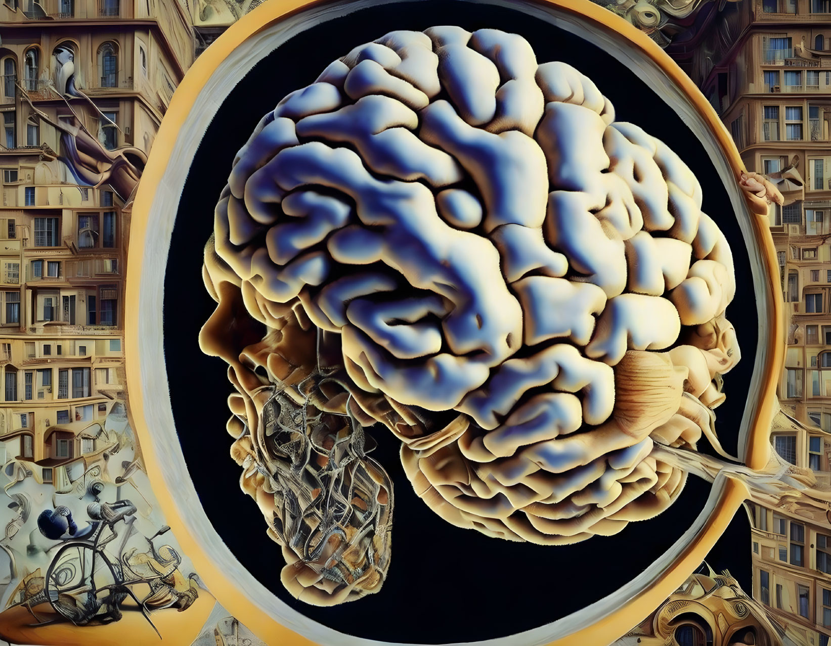 Surreal Artwork: Large Brain in Circular Frame with Distorted Architecture & Skeletal Figure