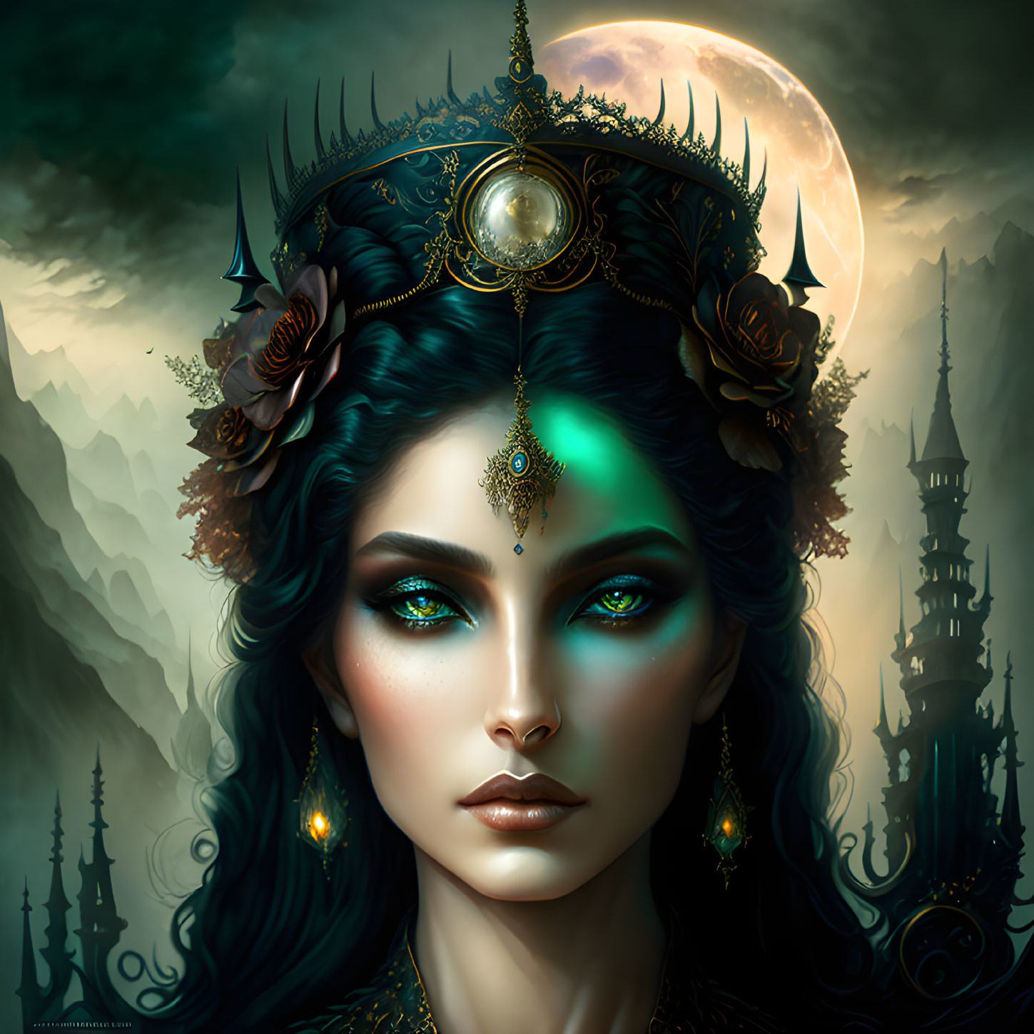 Fantasy queen illustration with emerald eyes, crown, and castle backdrop