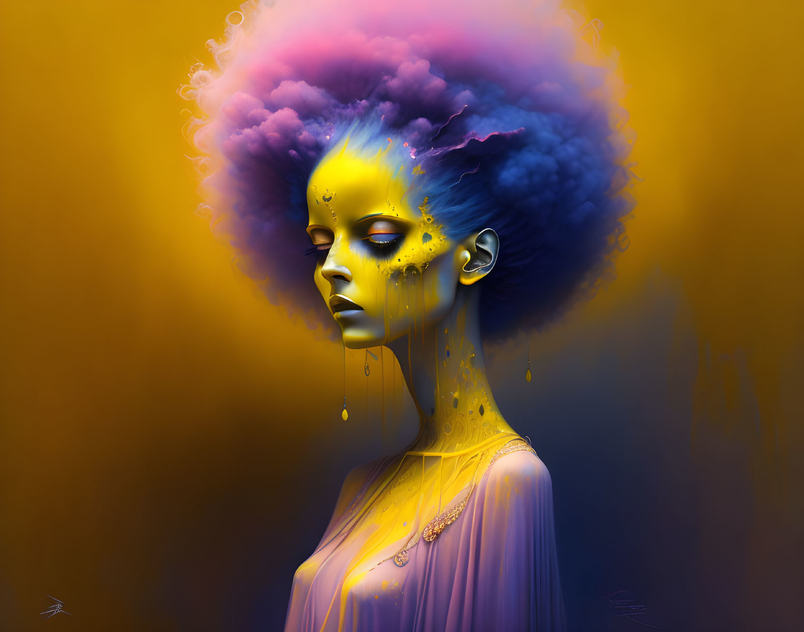 Colorful surreal portrait with cloud-like hair on warm backdrop