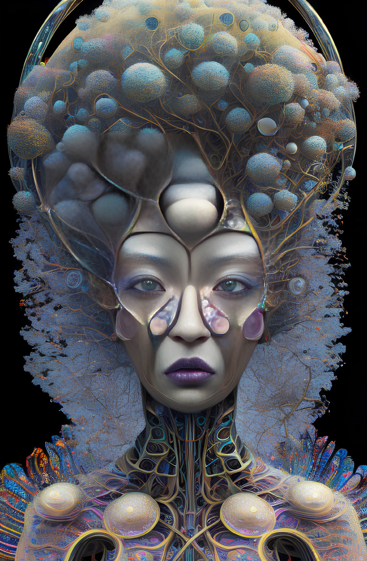 Futuristic female figure with elaborate coral-like headdress and biotechnological neck design