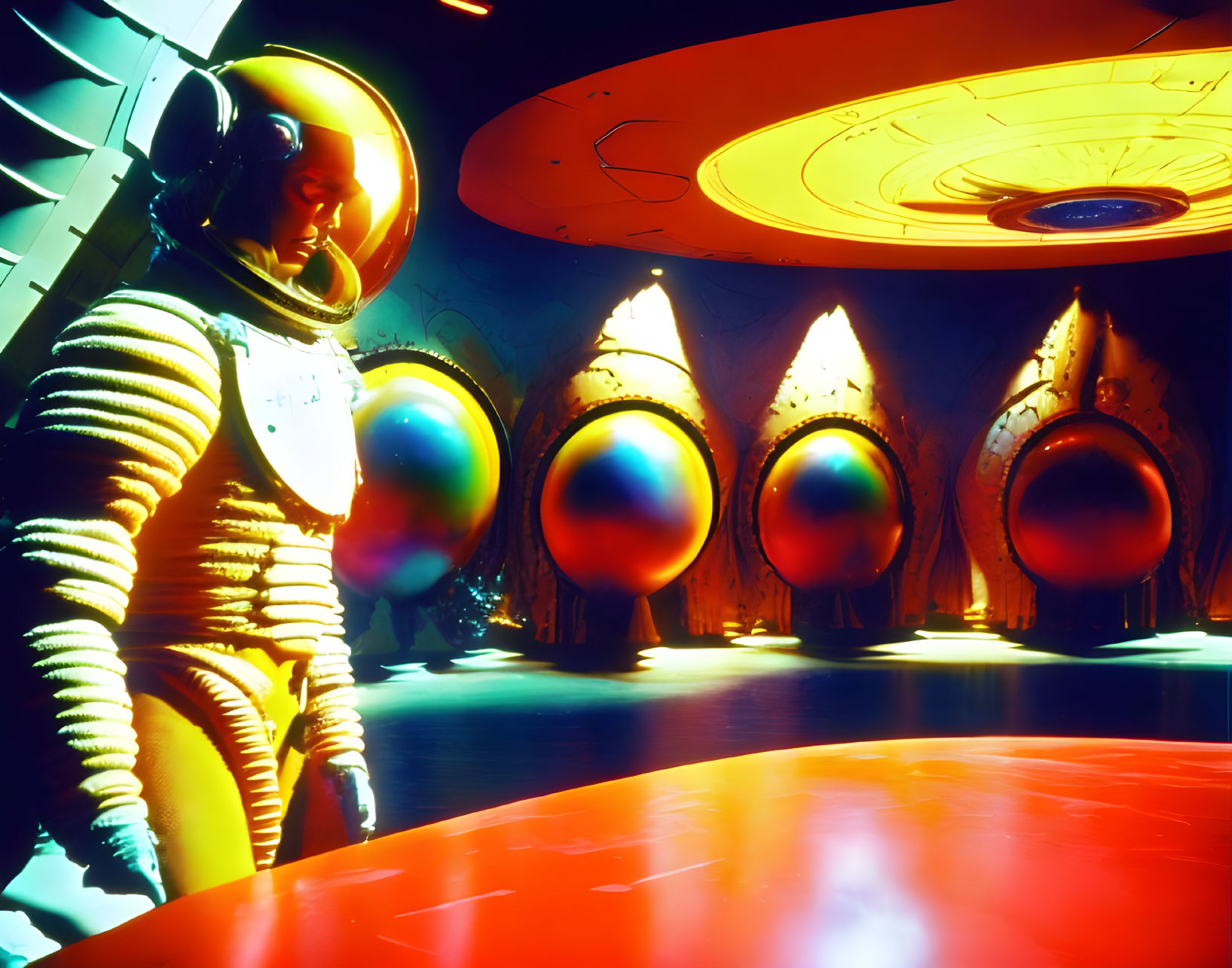 Astronaut in gold suit inside futuristic spaceship with vibrant lighting.