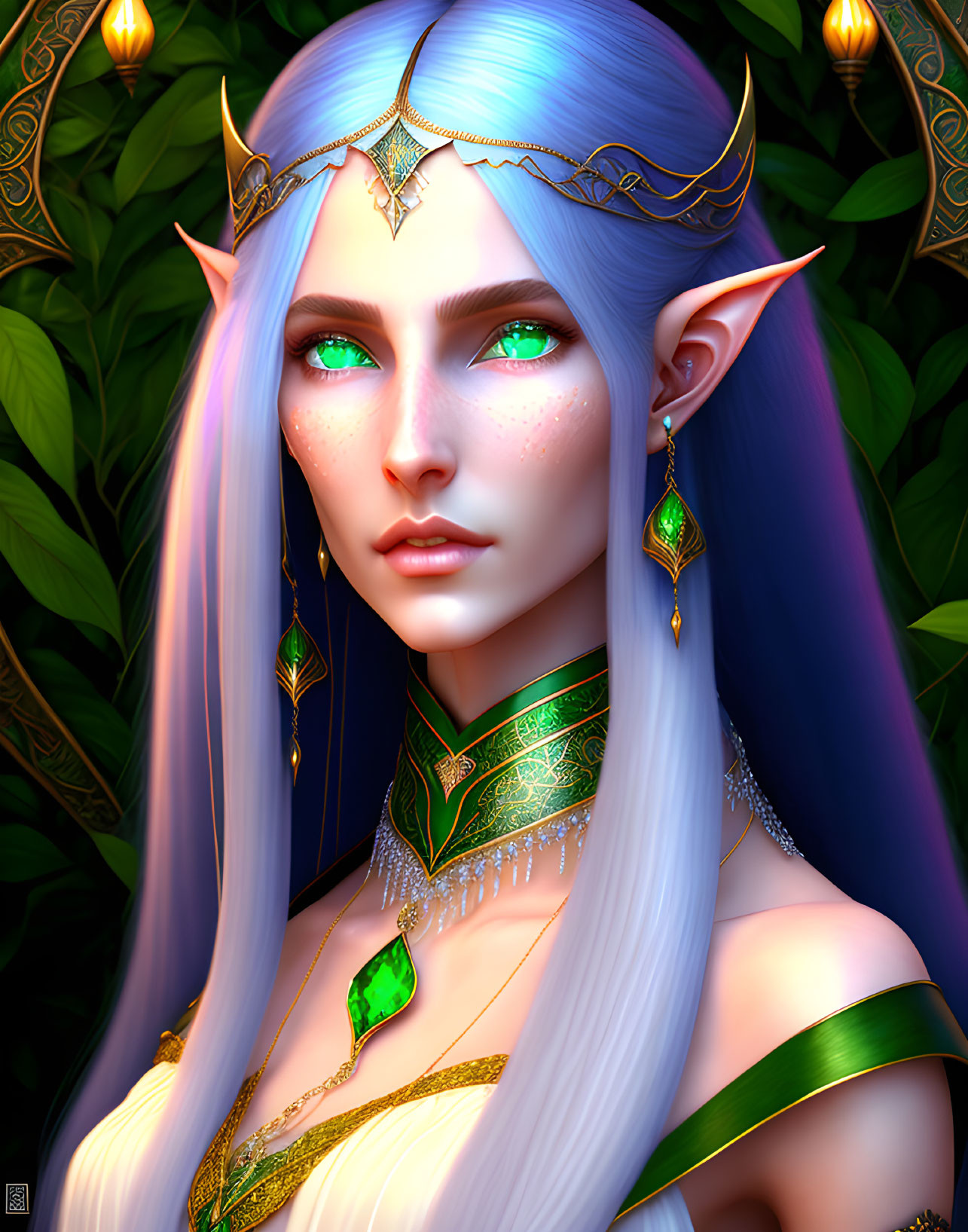 Elven character digital portrait with blue hair and golden attire