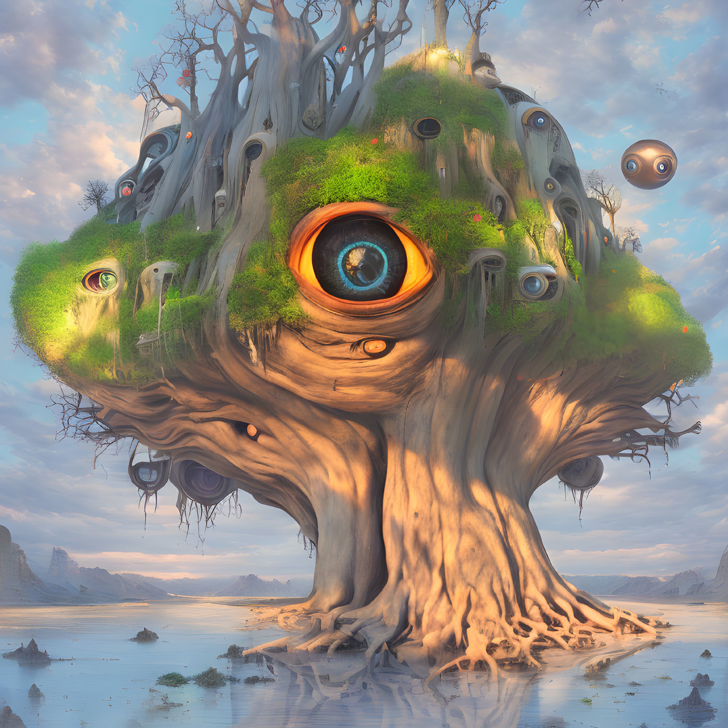 Surreal artwork: Giant tree with central eye, smaller eyes, and floating orbs in water landscape