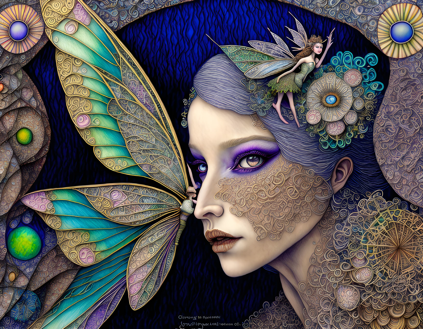 Colorful digital artwork of woman with purple makeup and intricate skin patterns, accompanied by fairy in surreal floral