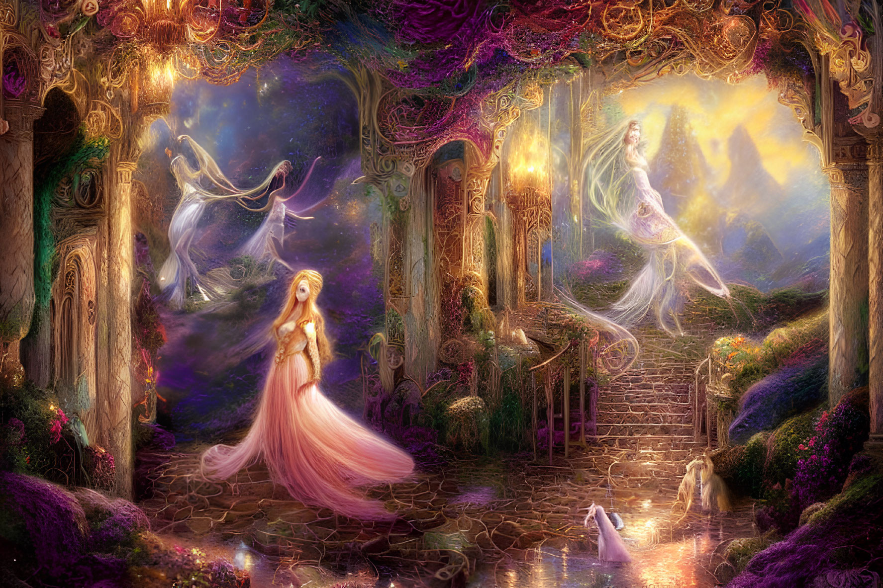 Ethereal woman in pink dress with mystical wildlife in enchanted garden