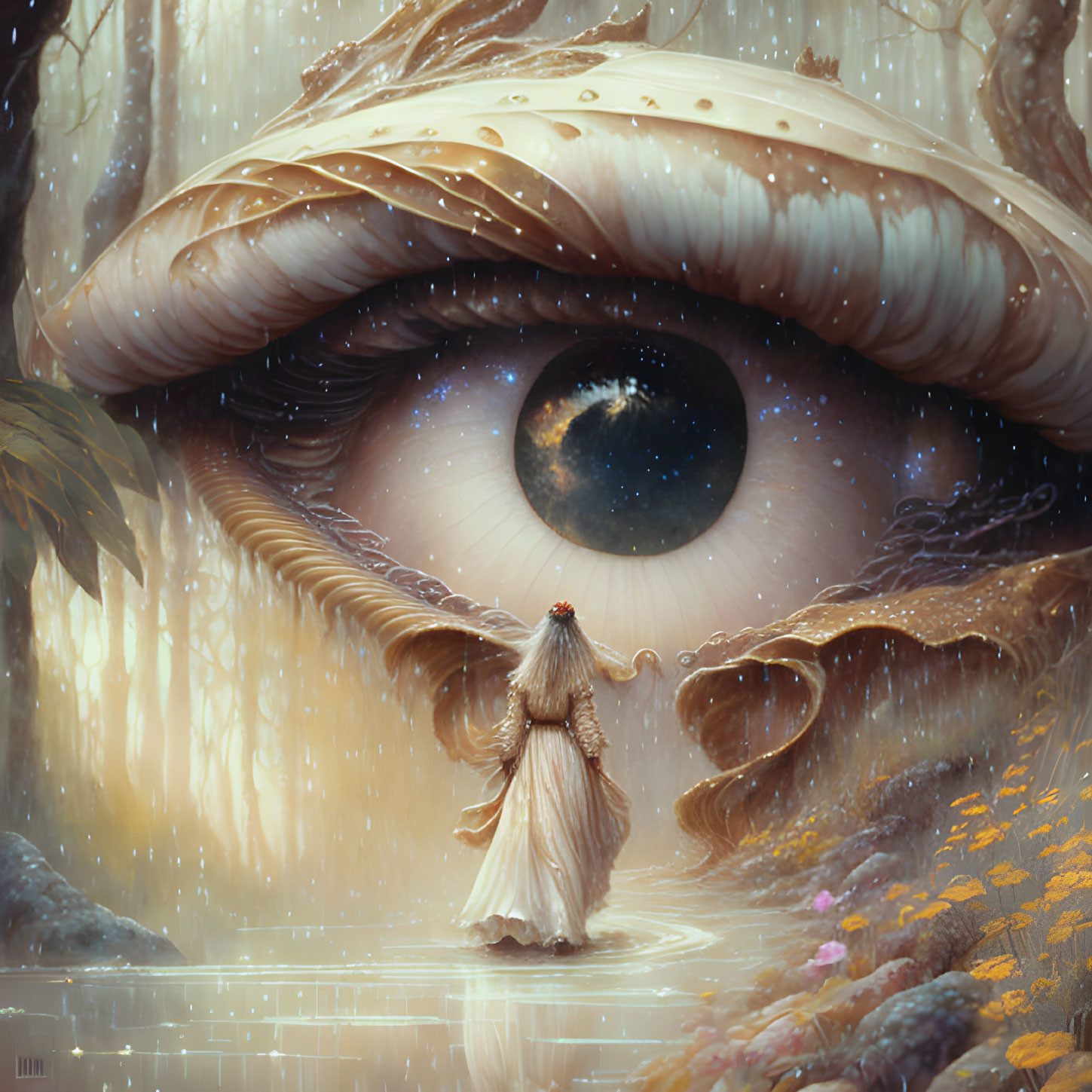 Enormous eye in mystical forest scene with robed figure and glowing rays