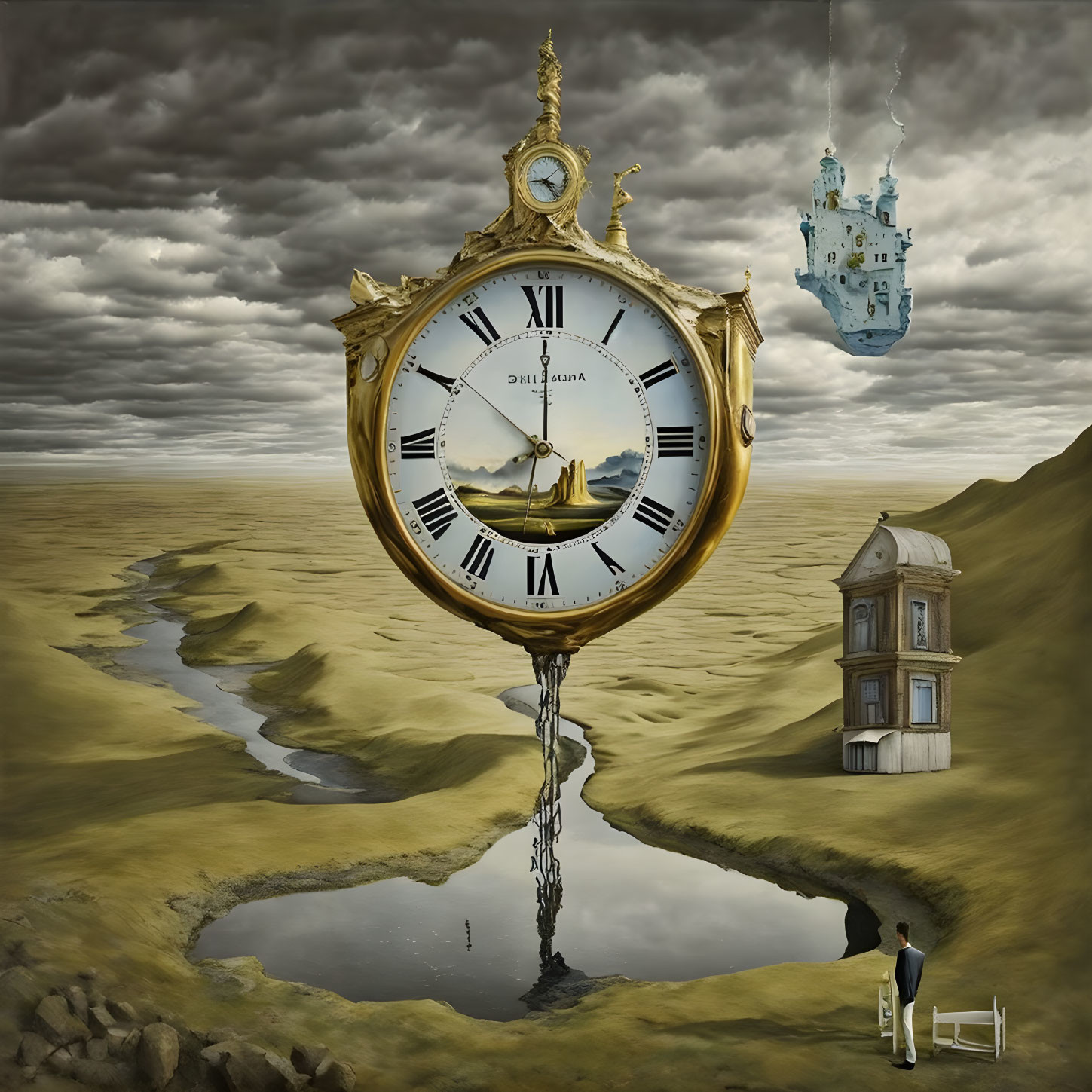 Surreal landscape with floating clock, castle, inverted house, and man with mirror