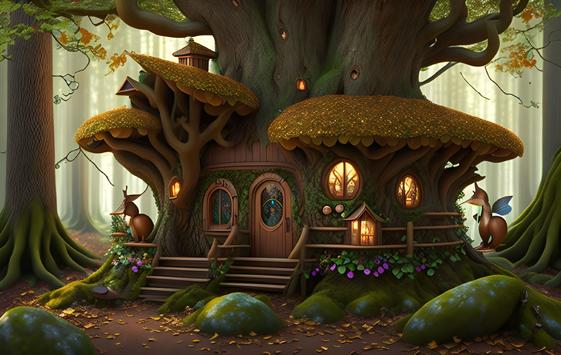 Enchanting treehouse with mushroom roofs in a magical forest