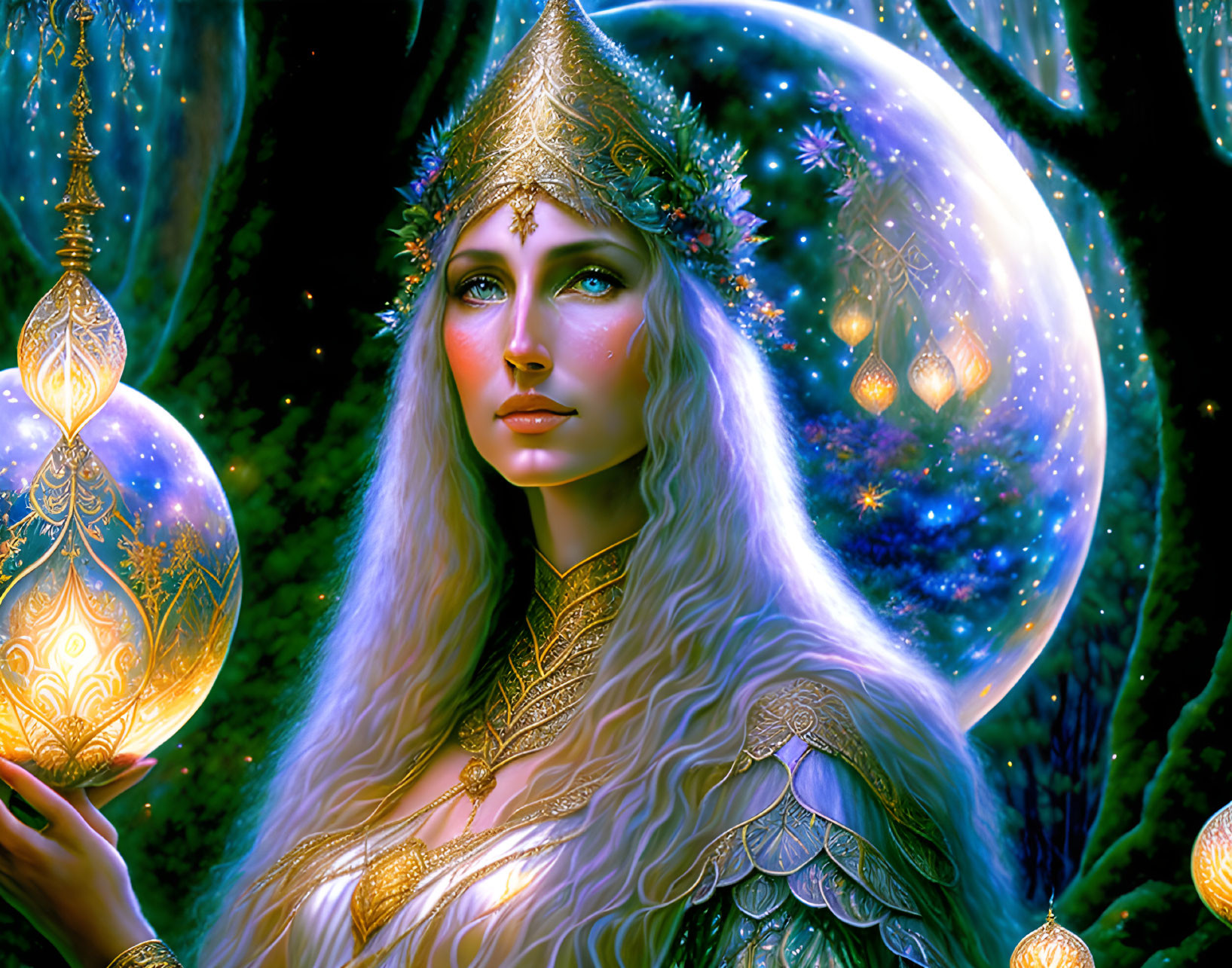 Blonde woman with jeweled headdress holding glowing orb in mystical forest