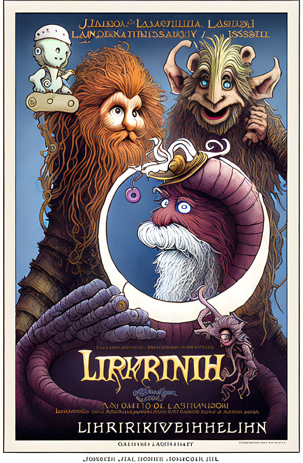 Whimsical "Labyrinth" poster with illustrated characters and fanciful lettering