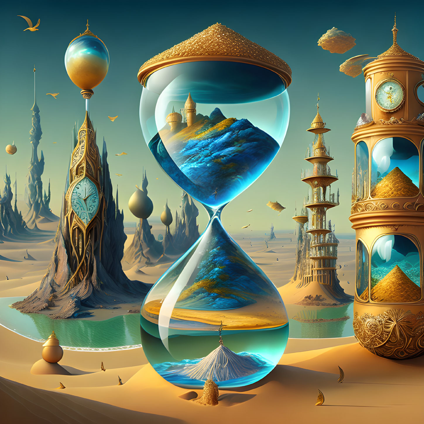 Surreal digital artwork: hourglass with vibrant landscapes, fantastical architecture, floating islands, golden