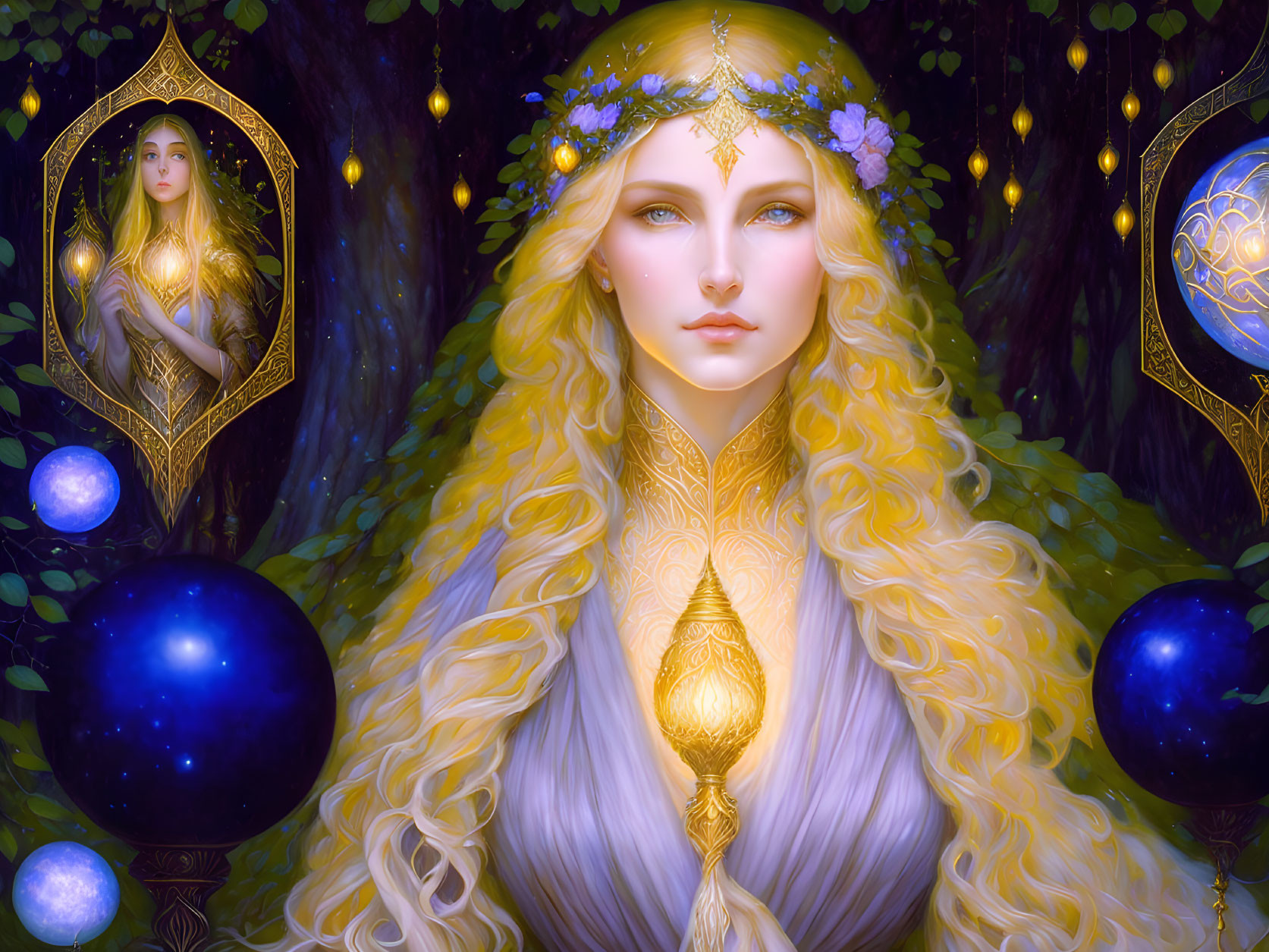 Blonde elfin woman with mystical pendant in enchanted forest