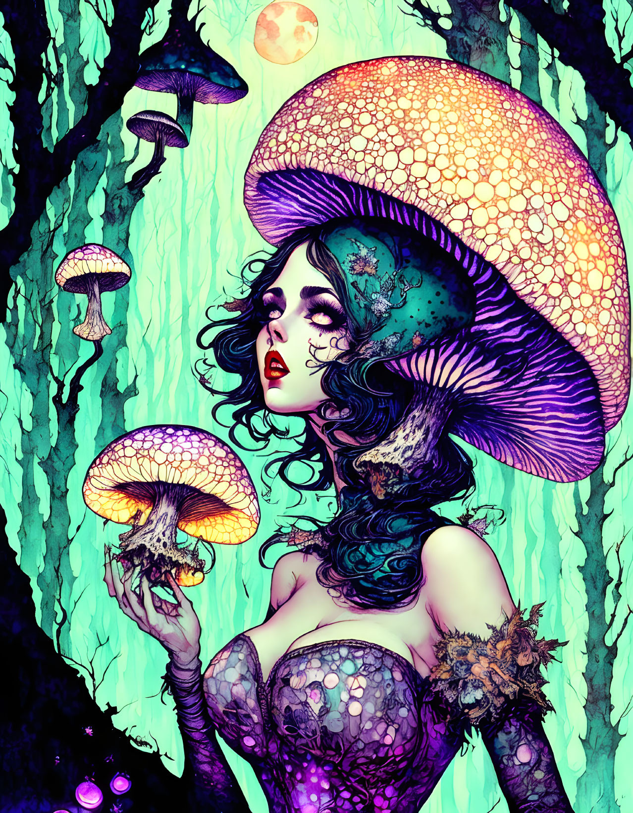 Illustration of woman with mushroom features in vibrant, whimsical forest