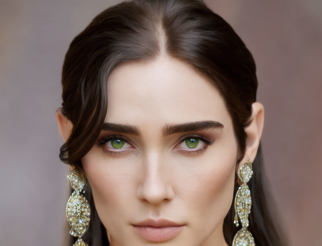 Close-up portrait of woman with dark hair and green eyes wearing teardrop earrings