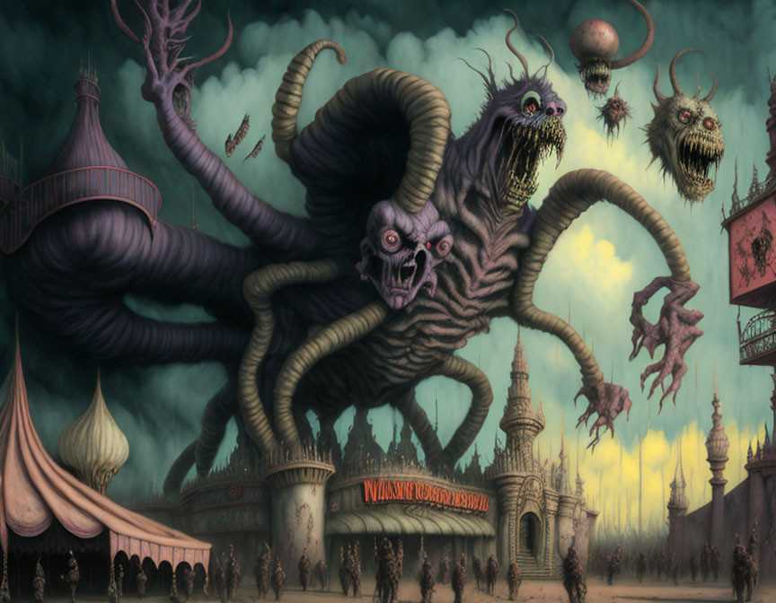 Dark Carnival Scene with Multi-Eyed Creature and Tentacles