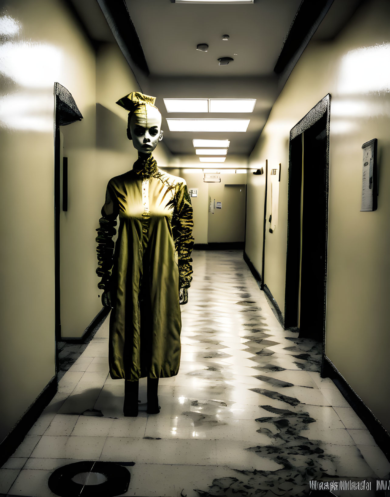 Gold Costume Figure in Geometric Mask in Dimly Lit Corridor