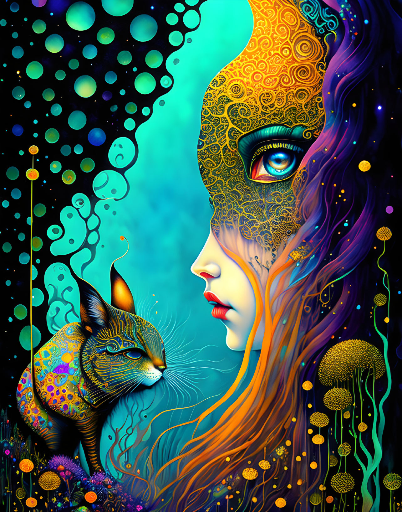 Colorful digital artwork: Woman's profile with swirling patterns and cat against bubbly backdrop