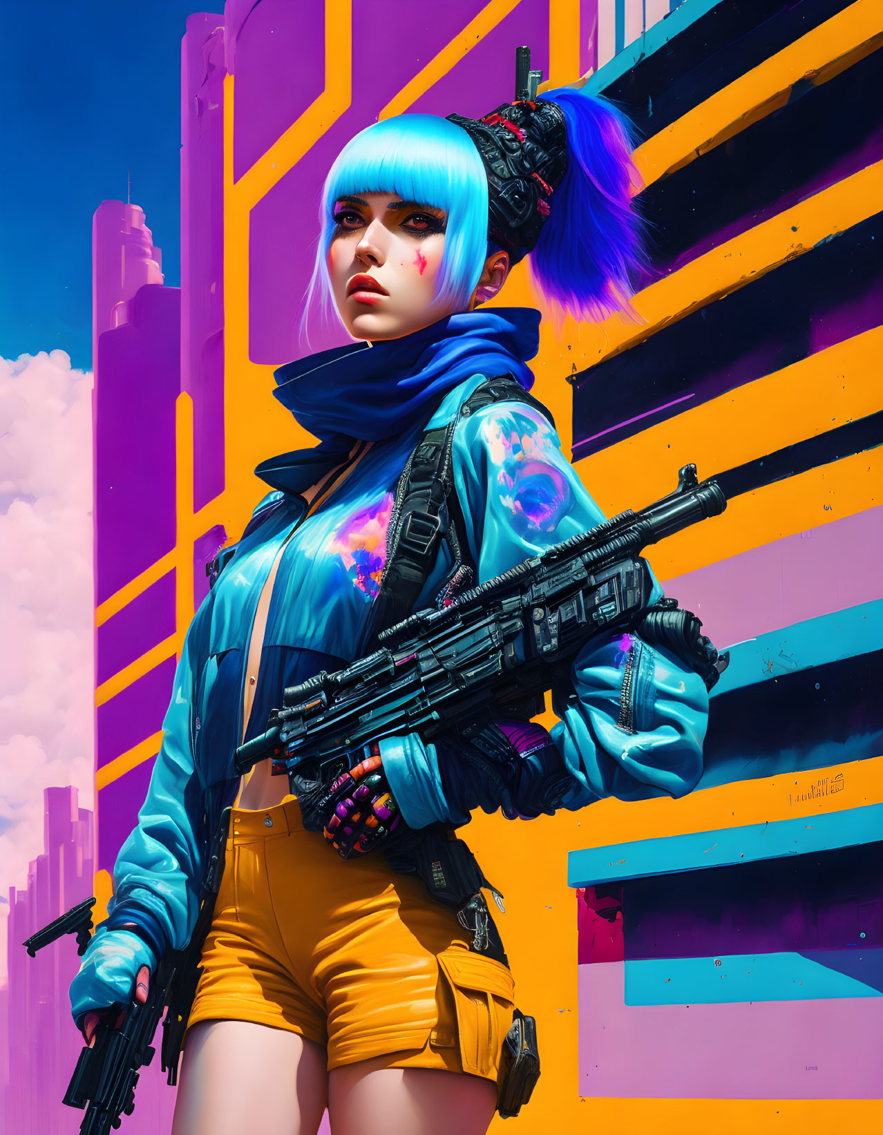 Vibrant cyberpunk art: woman with blue hair and rifle in futuristic city