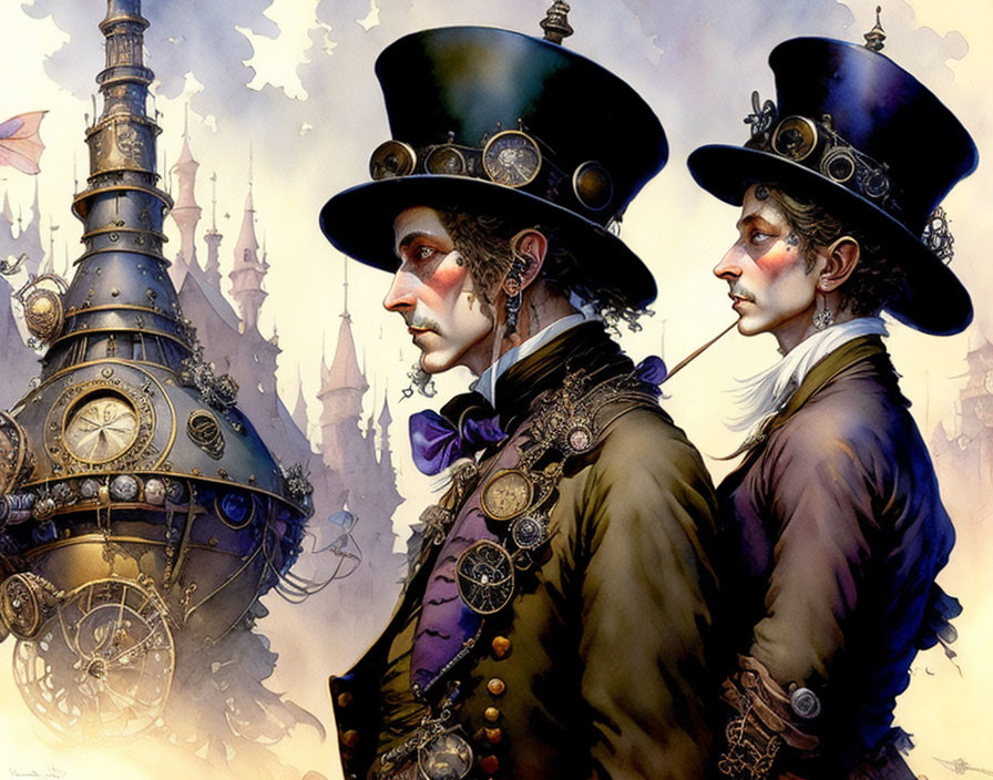 Victorian couple in top hats against steampunk cityscape