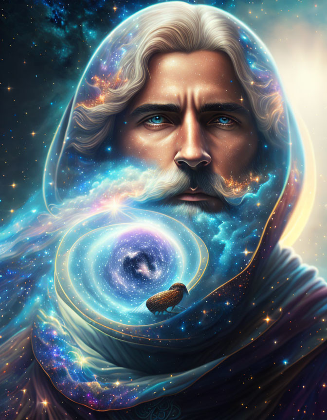 Illustrated portrait of a man with cosmic-themed shroud and white hair blending with stars, galaxy,