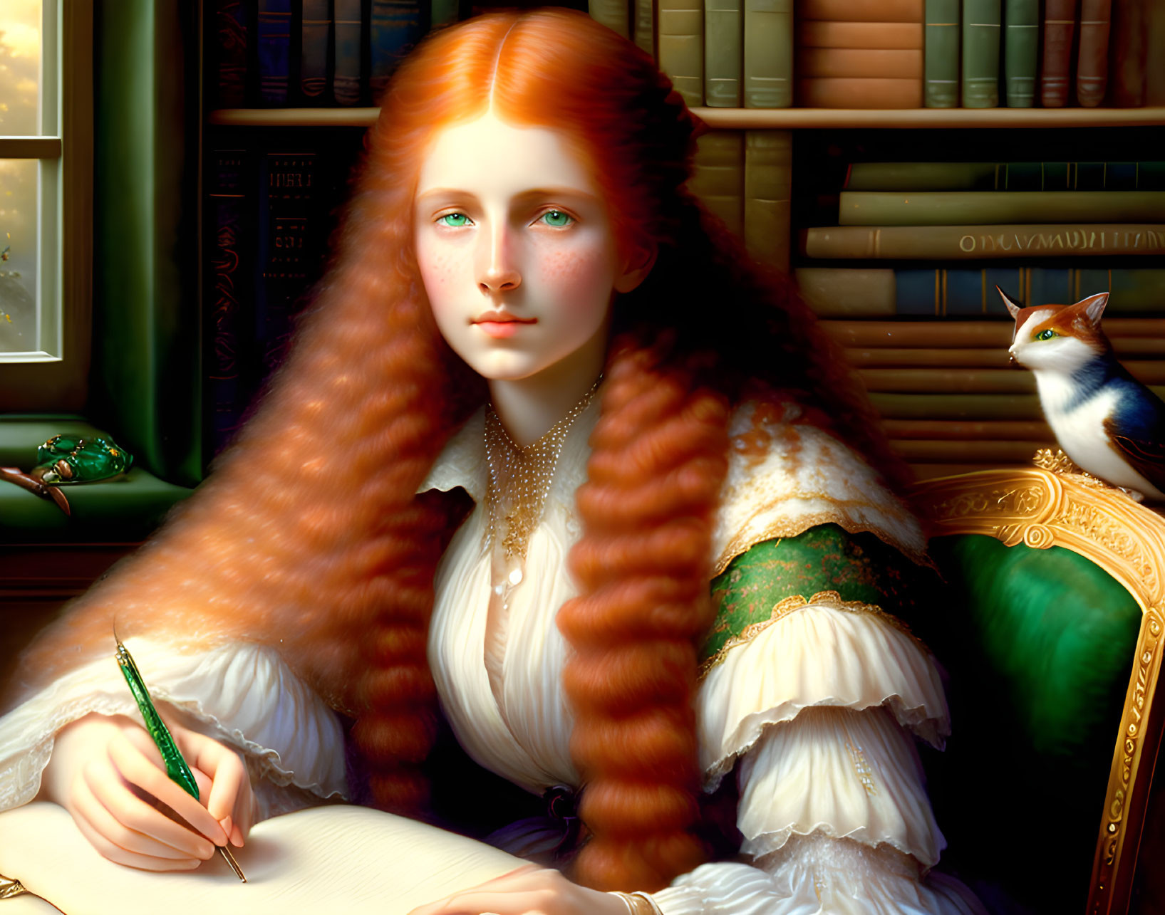 Red-haired woman writing at desk with books and bird