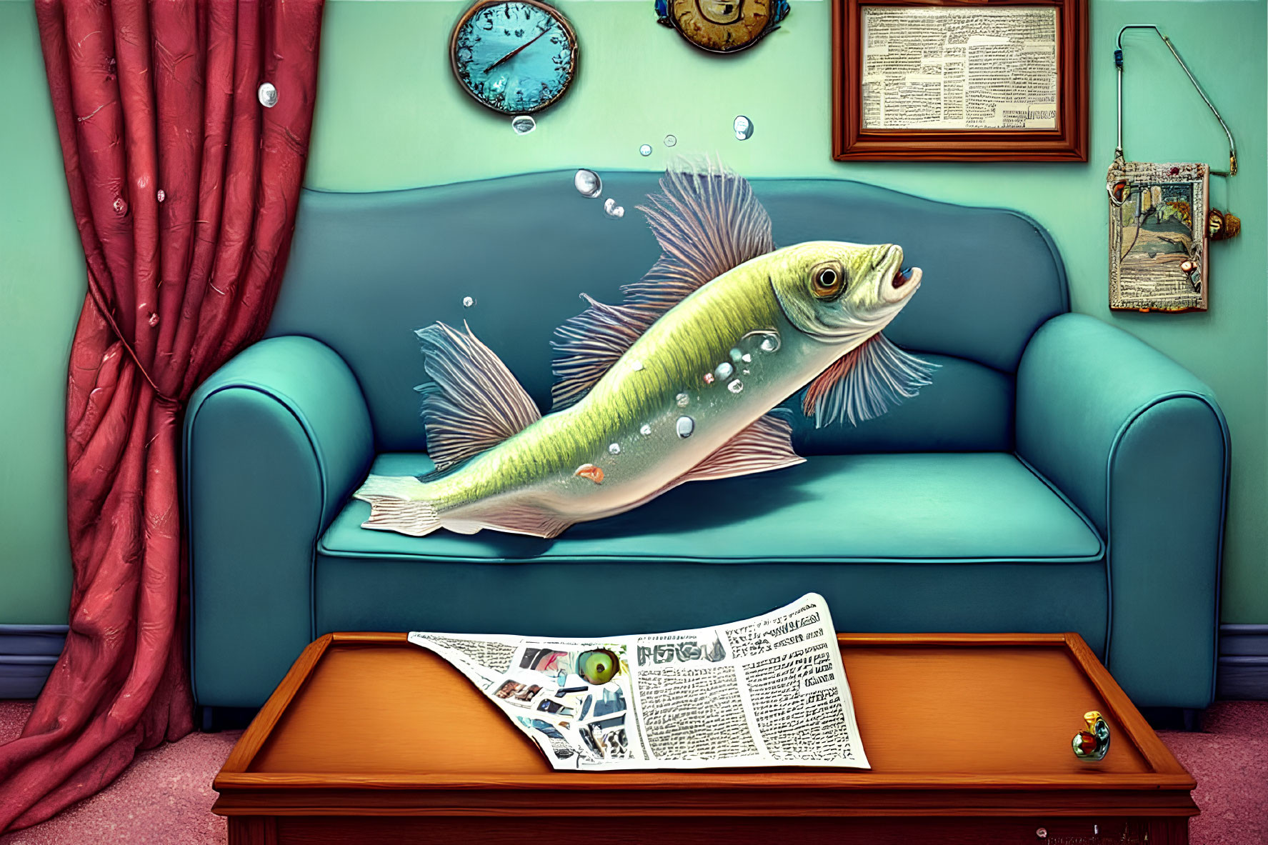 Large Fish with Bubbles Floats Above Living Room Coffee Table