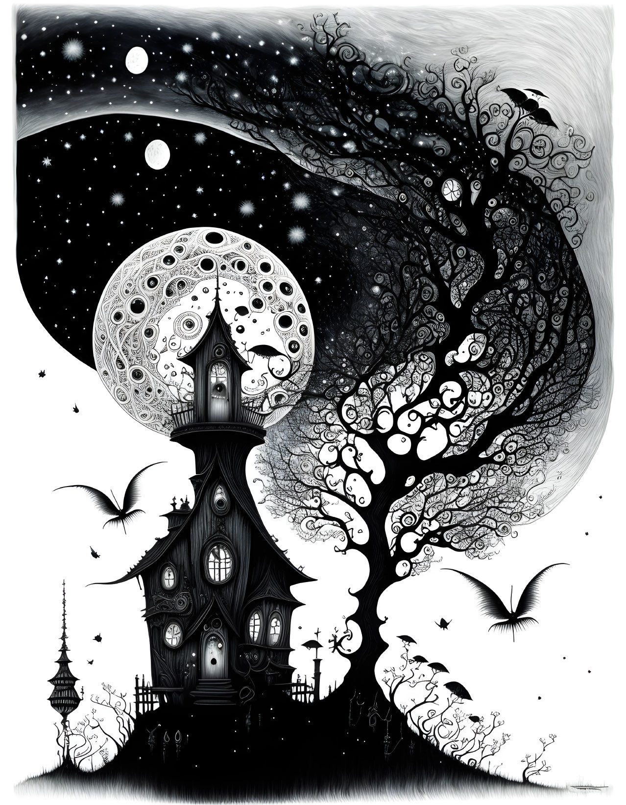 Monochrome whimsical tree with spiraling branches, starry sky, moons, and fanciful house