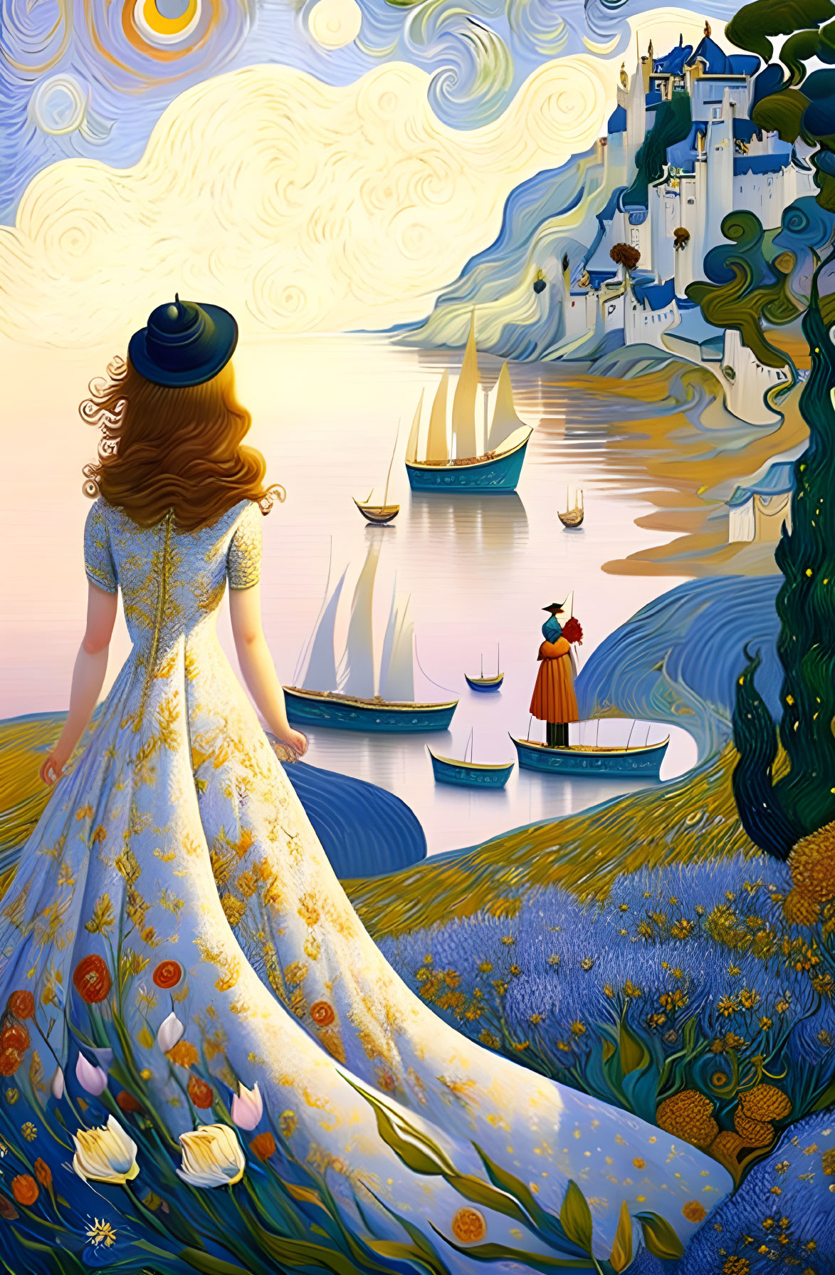 Woman in flowing gown admires surreal seascape with sailboats, castle, and starry sky.