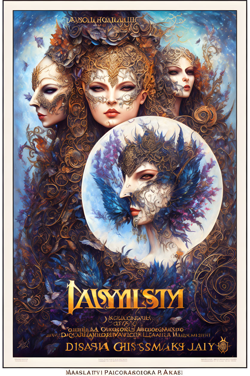 Ethereal poster featuring three masked faces with intricate designs and feathers