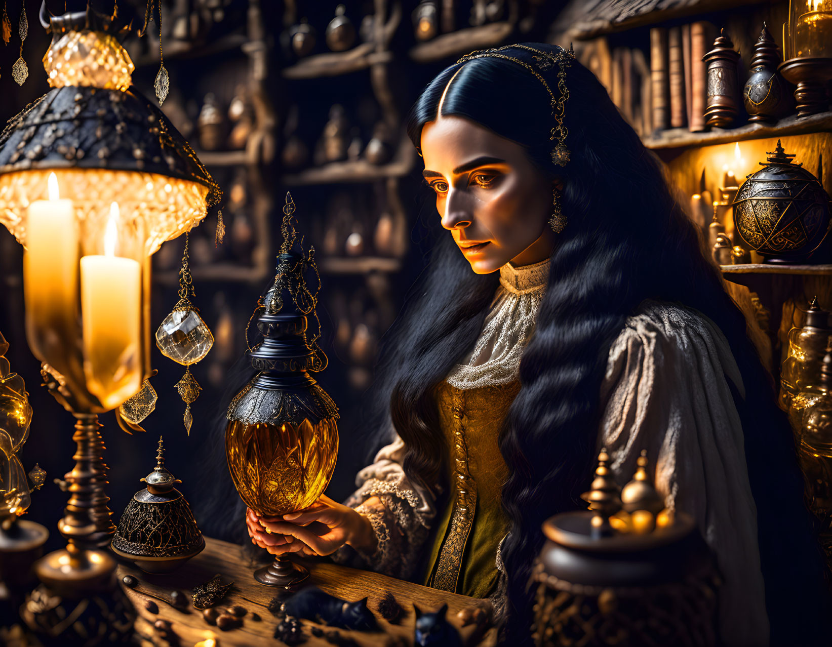 Historically dressed woman with ornate vessel at candlelit table