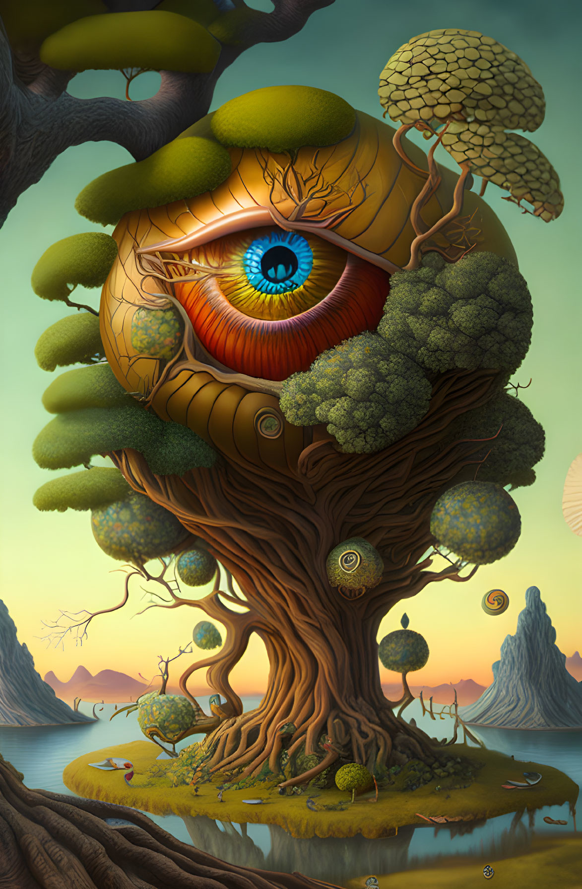 Surreal illustration: large tree with eye, floating orbs, eerie landscape