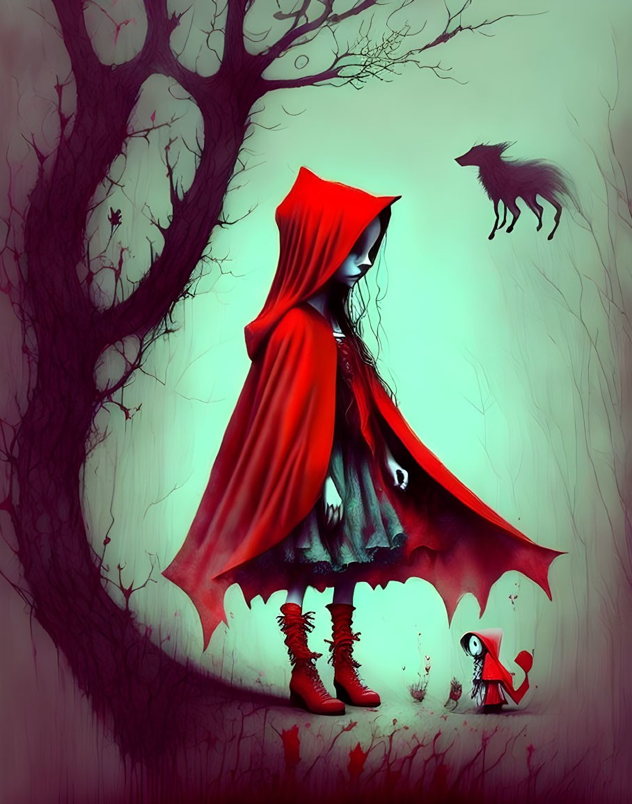 Stylized Little Red Riding Hood in red cloak, dark forest, looming wolf