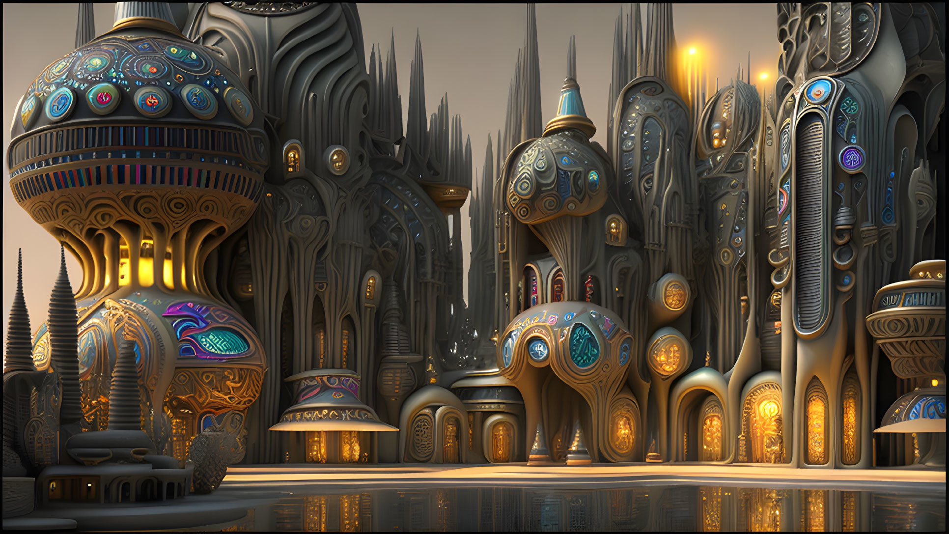 Ornate metallic structures in futuristic cityscape