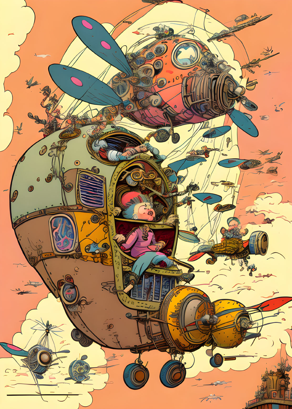 Vibrant illustration of whimsical flying machine with intricate details and pilot in surreal sky