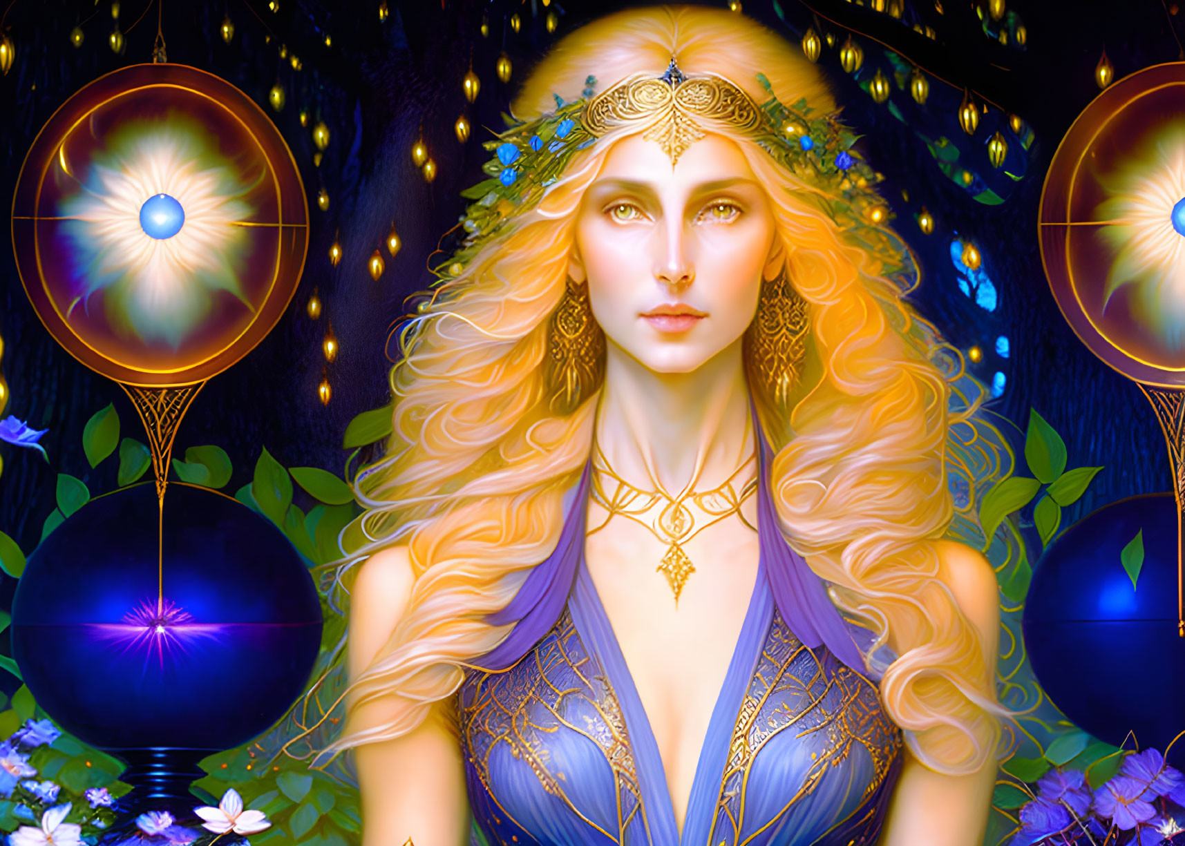 Ethereal woman with golden hair in blue dress and crown surrounded by mystical orbs