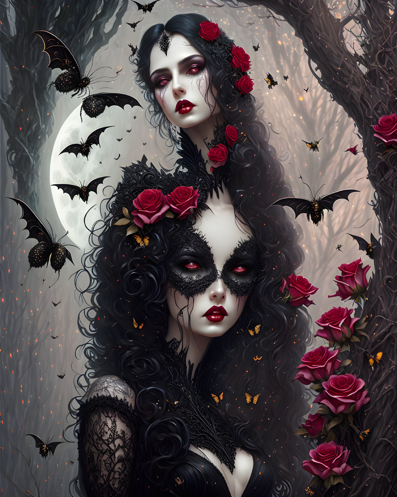 Gothic fantasy woman with dark hair, red roses, lace mask, butterflies, full moon