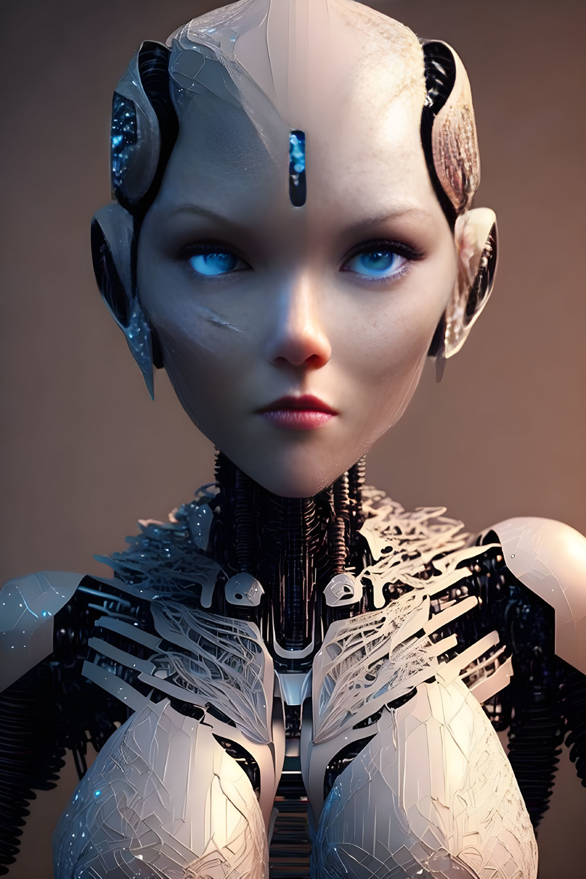 Photorealistic female android with intricate mechanical details and blue eyes