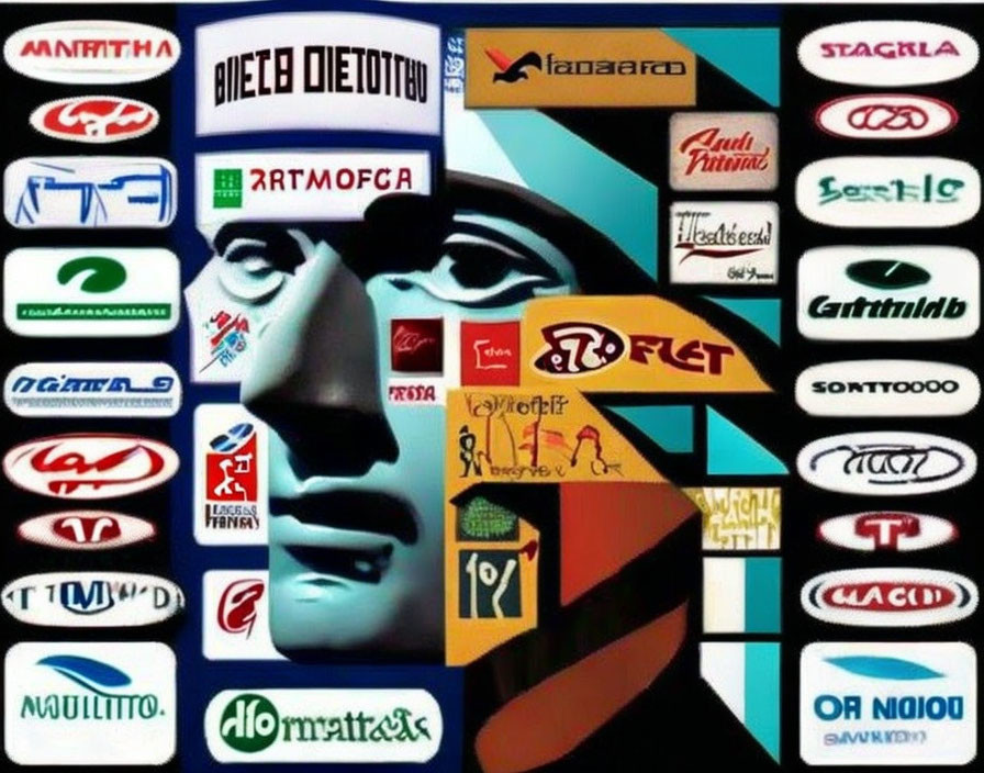 Collage image of man's face made from brand logos