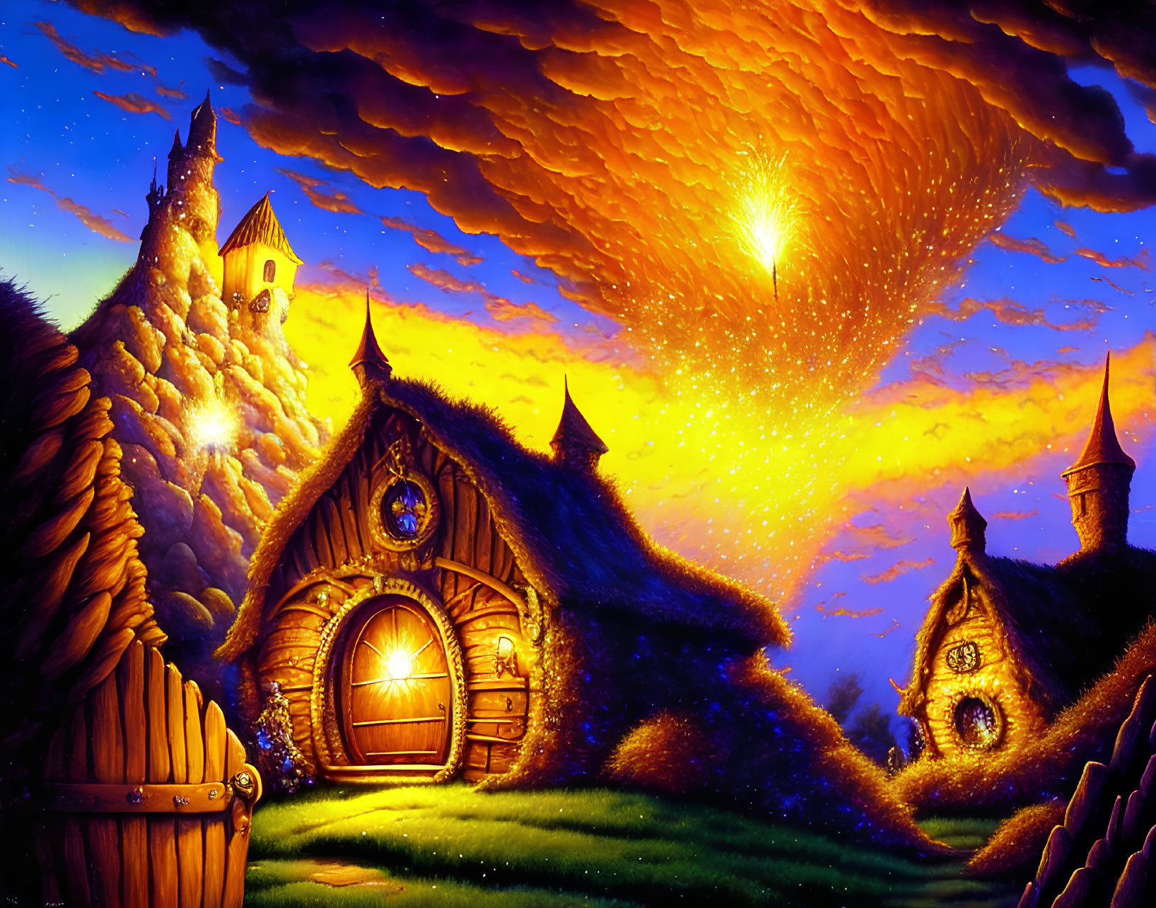 Fantasy twilight landscape with glowing cottage, castle, vibrant clouds, shooting star