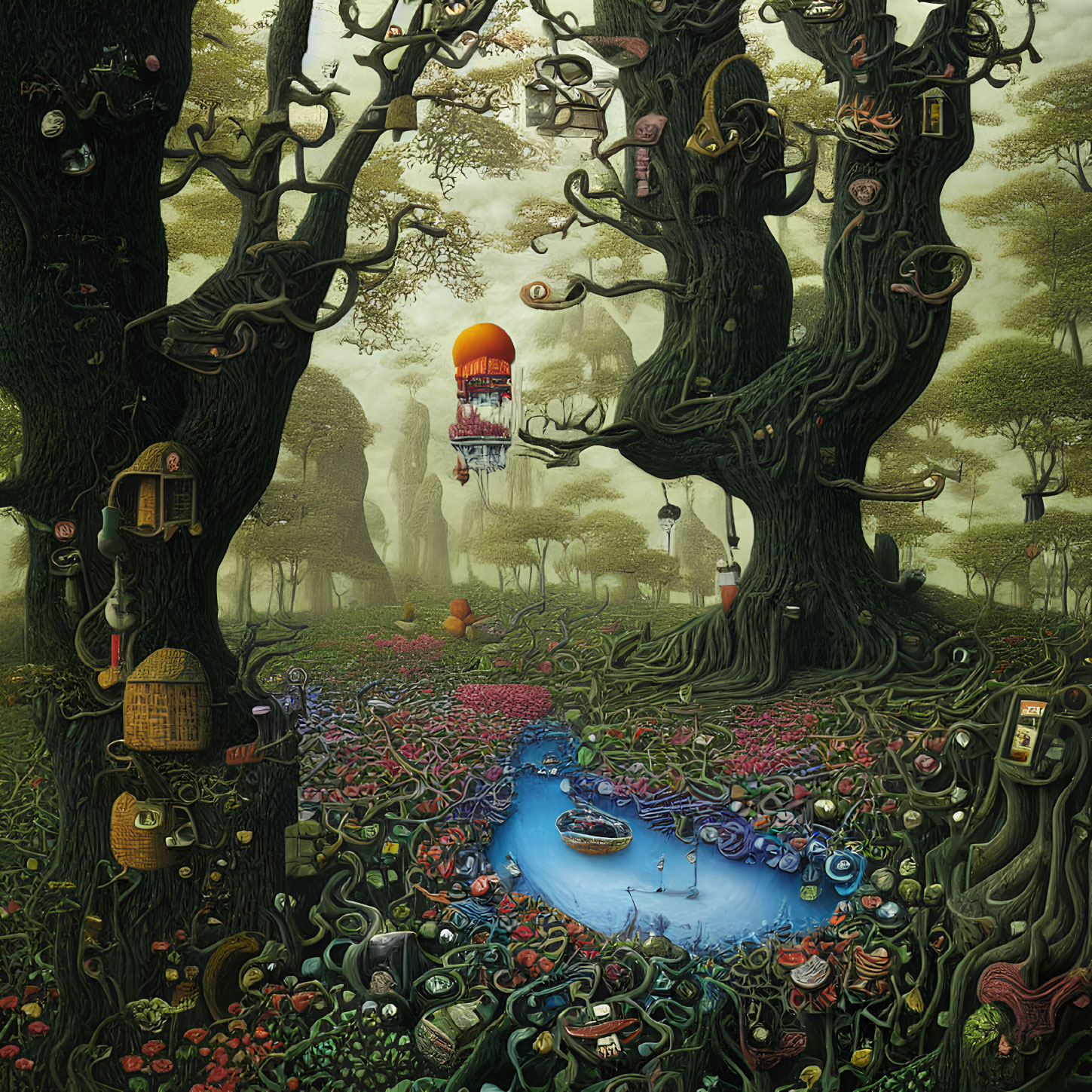 Fantastical forest scene with twisted trees, hot air balloon, birdhouses, and vibrant pond