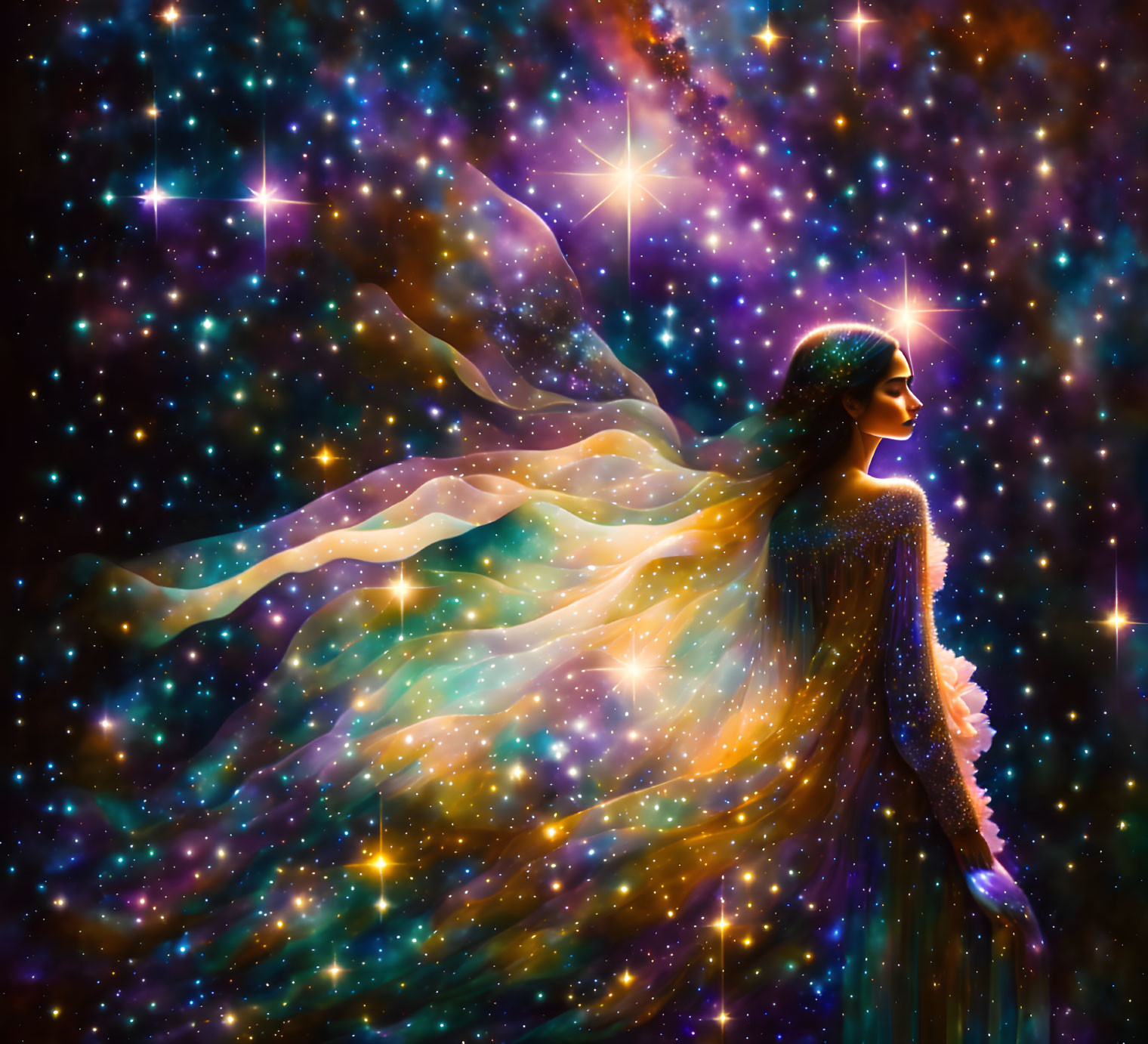 Mystical woman blending into starry cosmos with flowing hair and gown