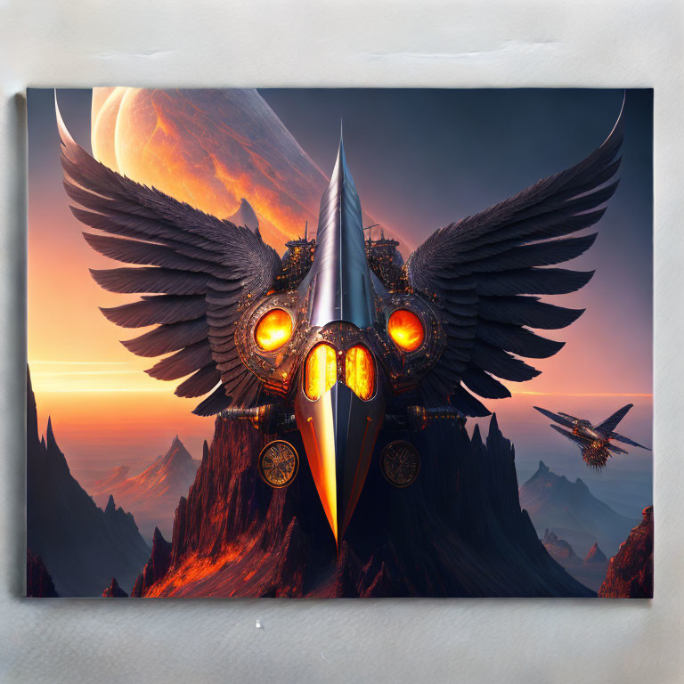 Fantastical canvas art: Winged ship soaring over mountains with giant planet rising