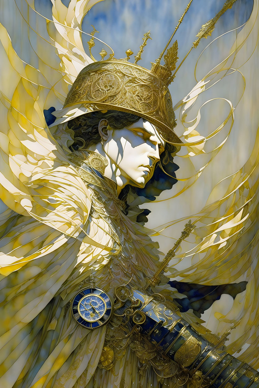 Regal figure in golden armor with surreal golden filigree backdrop