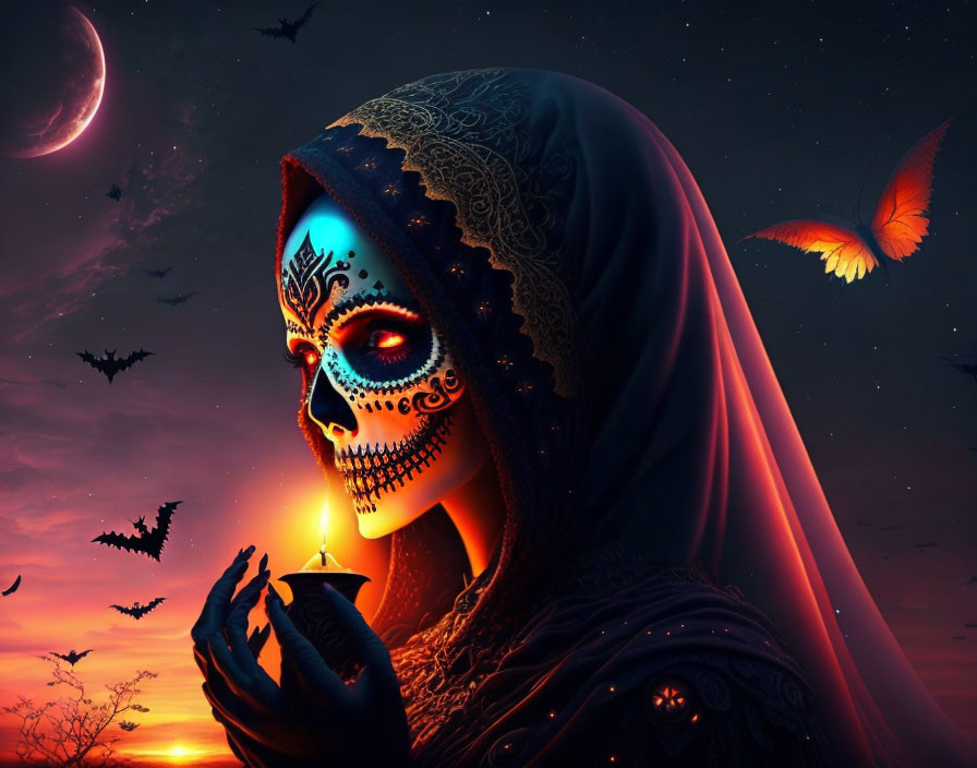 Person with Day of the Dead makeup holding candle under sunset sky with moon, bats, and butterfly