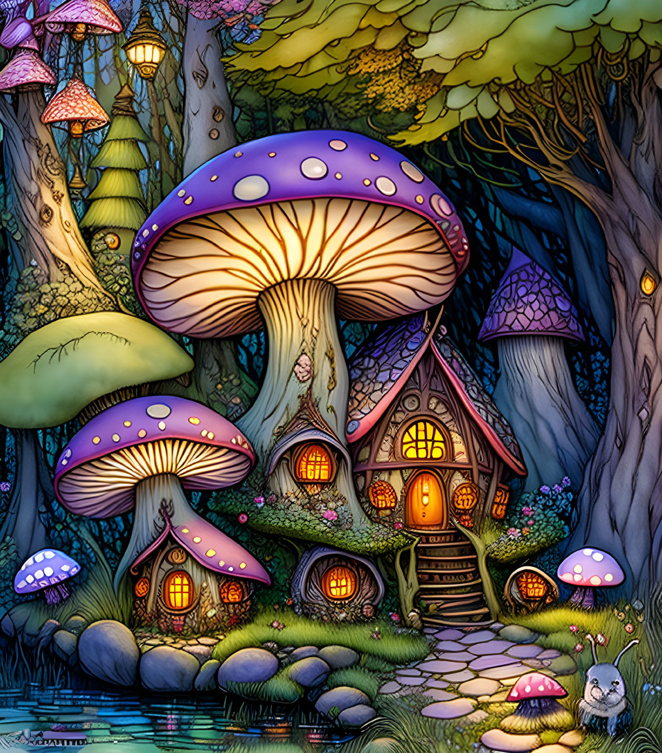 Fantasy forest illustration with glowing mushrooms and cozy dwellings