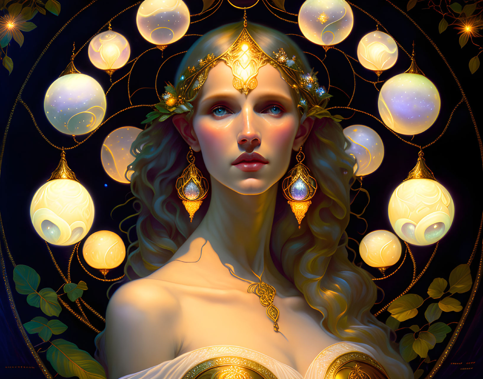 Portrait of woman with golden headpiece and orbs on dark backdrop