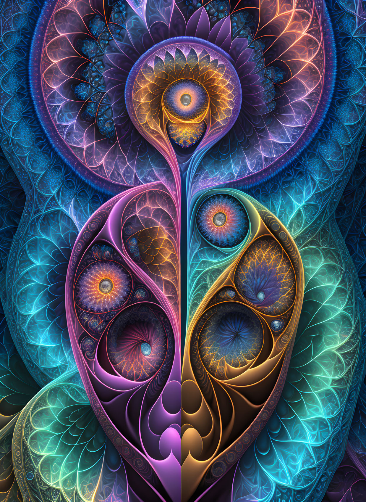 Symmetrical fractal art of ornate tree in jewel-toned colors