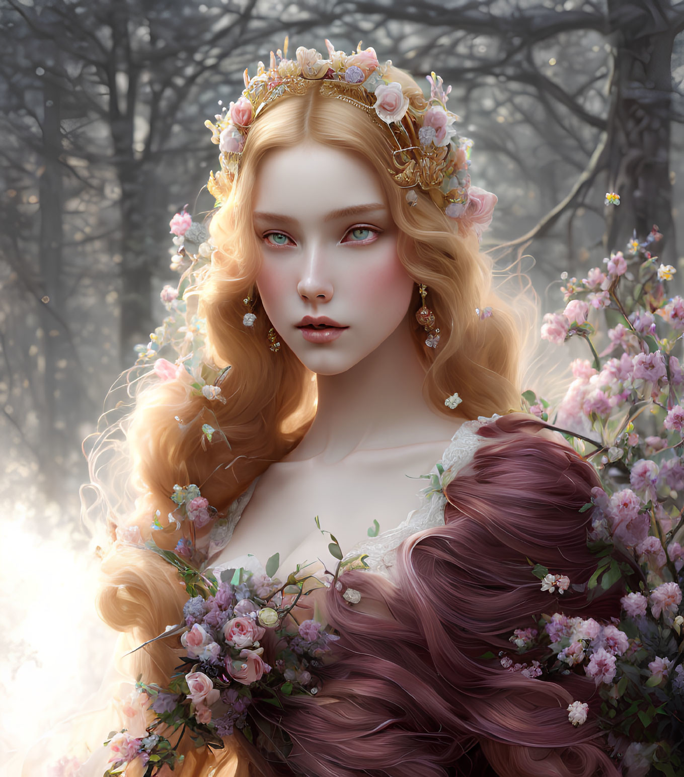 Digital artwork: Woman with golden hair, floral crown, mist, blooming trees