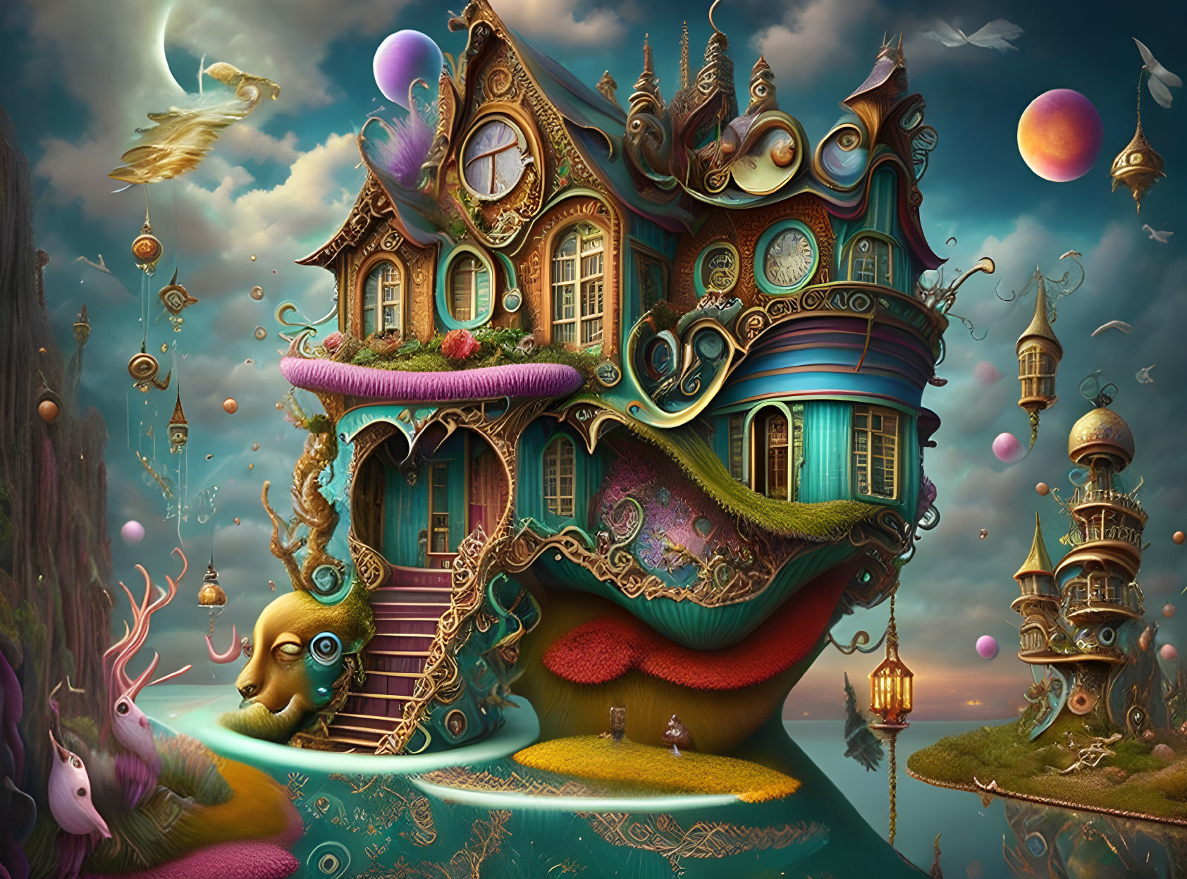 Surreal landscape with floating islands and ornate house